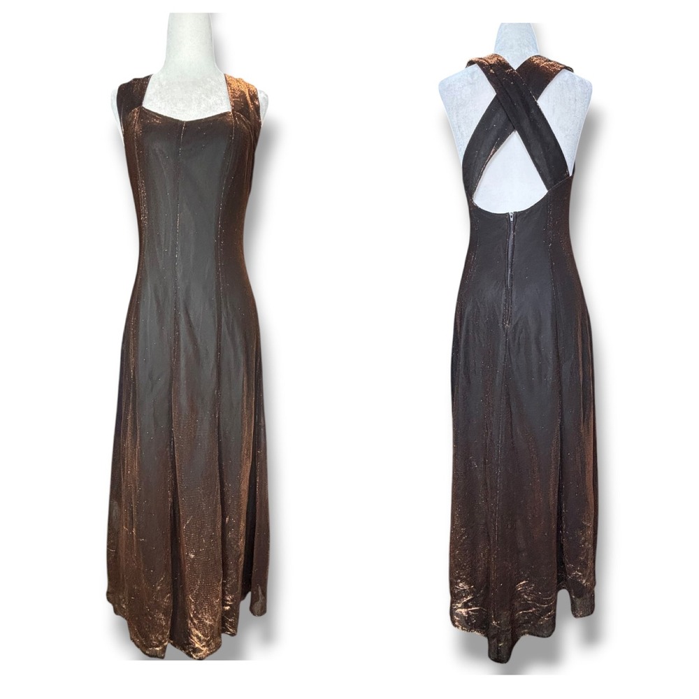 All That Jazz Vintage 90s Brown Metallic Maxi Dress Cross Back Bias Cut Evening